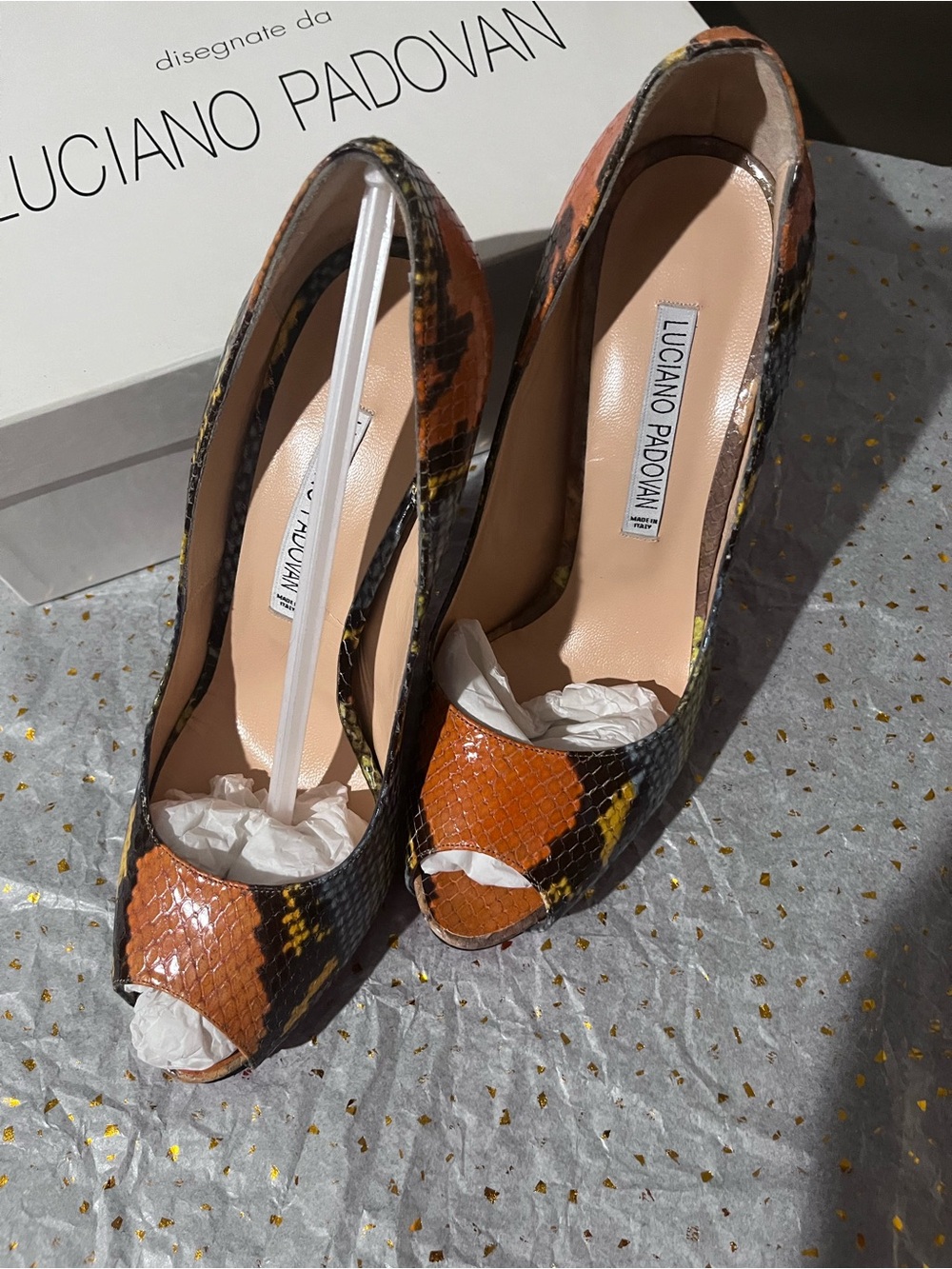Women's Orange Snake-Print Peep-Toe Pumps